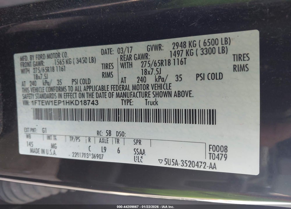 2017 FORD F-150 XLT VIN: 1FTEW1EP1HKD18743