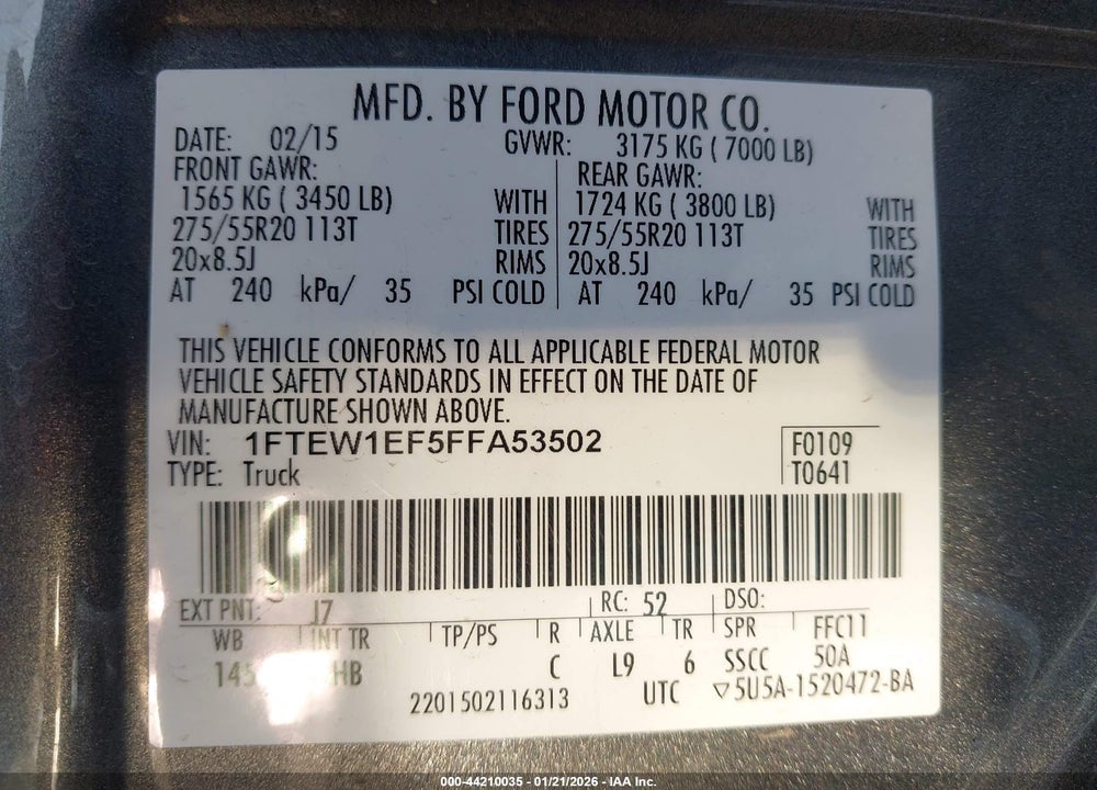 2015 FORD F-150 LARIAT VIN: 1FTEW1EF5FFA53502
