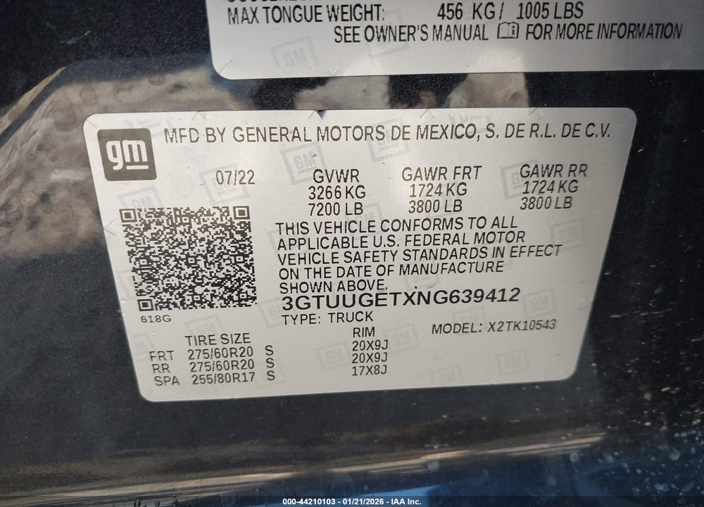 2022 GMC SIERRA 1500 4WD  SHORT BOX DENALI VIN: 3GTUUGETXNG639412