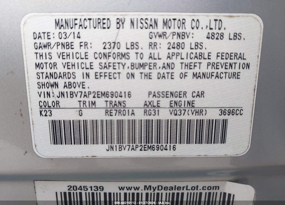 2014 INFINITI Q50 PREMIUM VIN: JN1BV7AP2EM690416