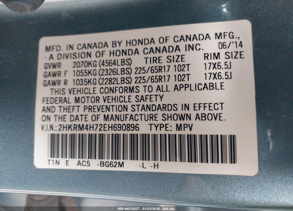 2014 HONDA CR-V EX-L VIN: 2HKRM4H72EH690896