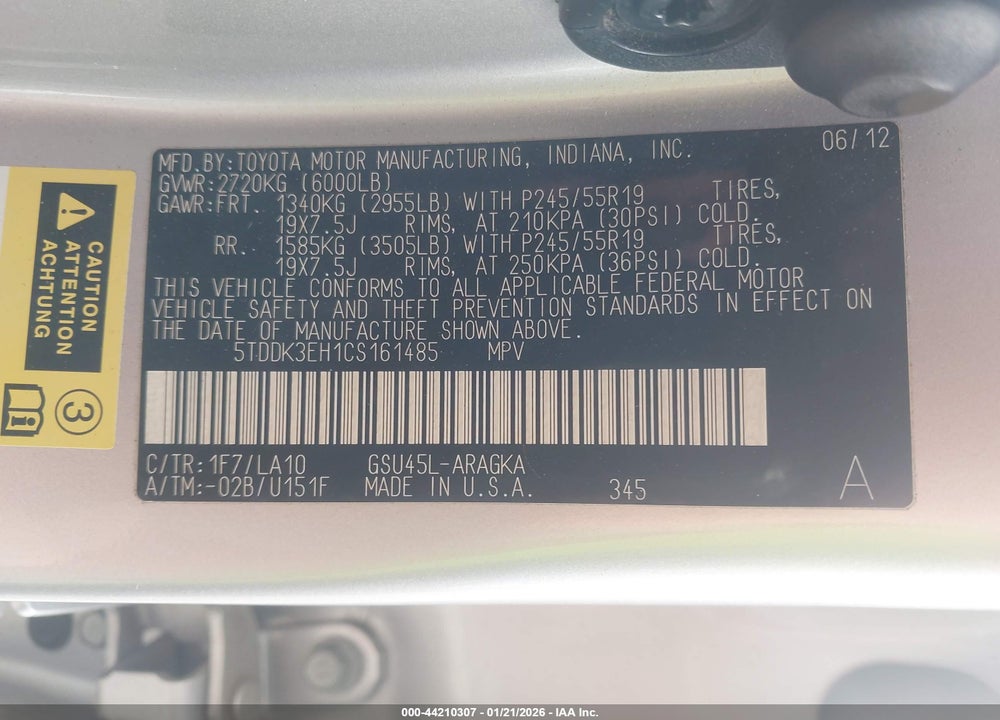 2012 TOYOTA HIGHLANDER LIMITED V6 VIN: 5TDDK3EH1CS161485