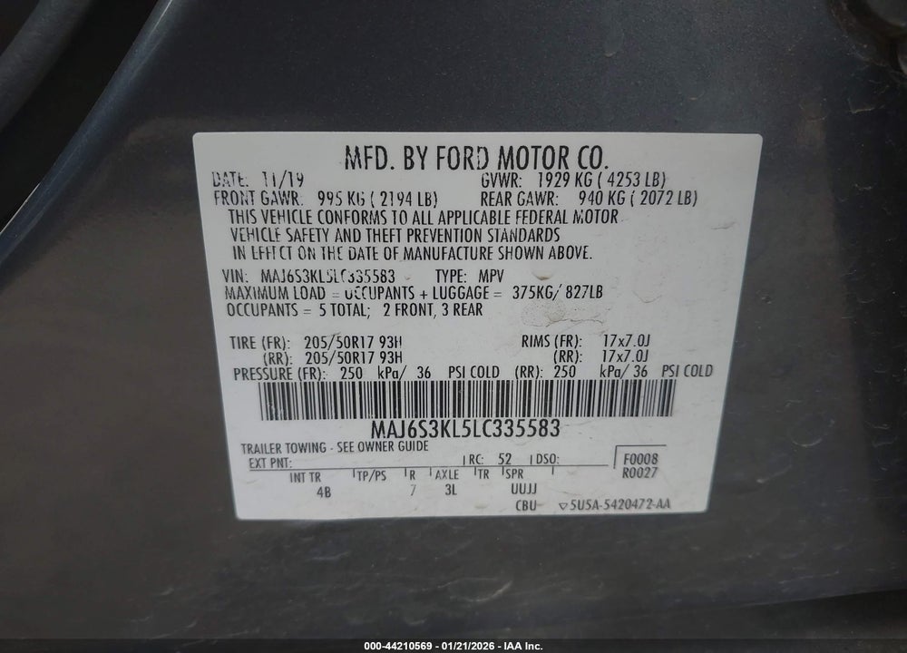 2020 FORD ECOSPORT TITANIUM VIN: MAJ6S3KL5LC335583