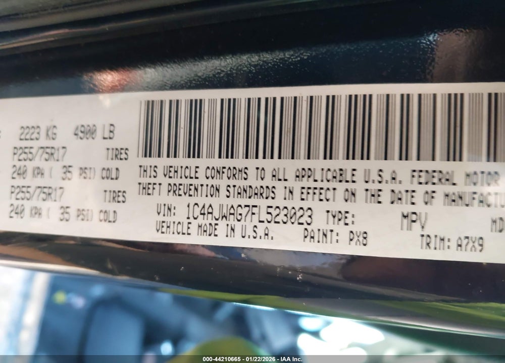 2015 JEEP WRANGLER SPORT VIN: 1C4AJWAG7FL523023