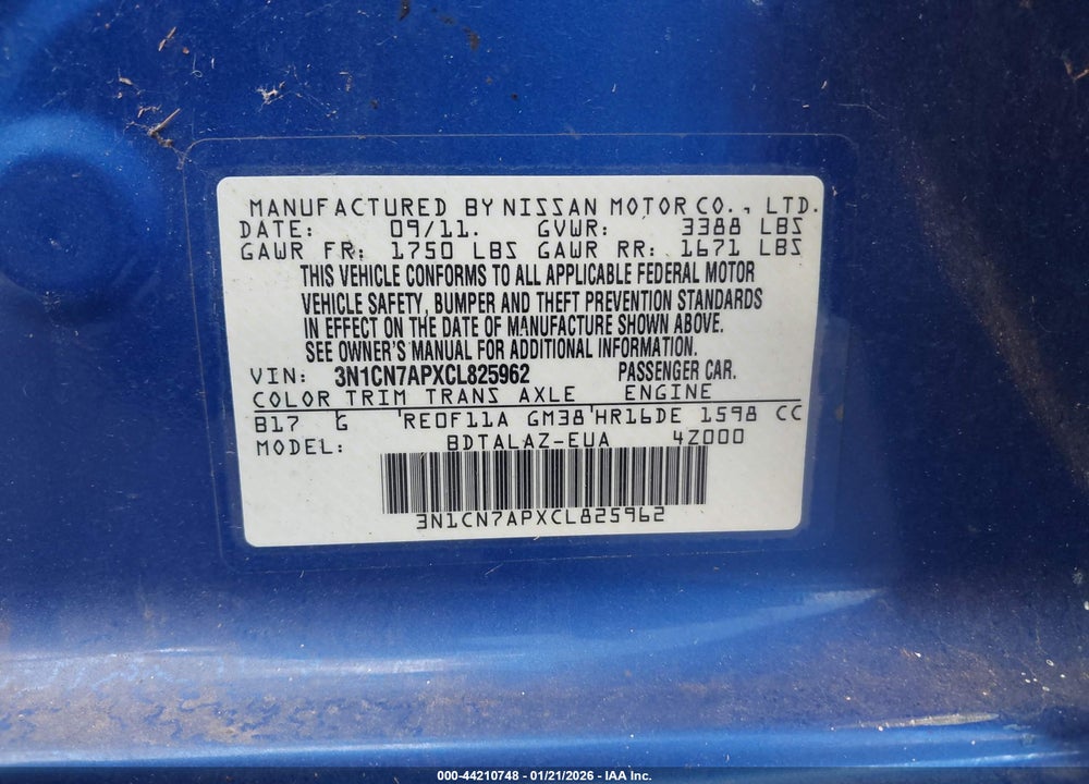 2012 NISSAN VERSA 1.6 S VIN: 3N1CN7APXCL825962