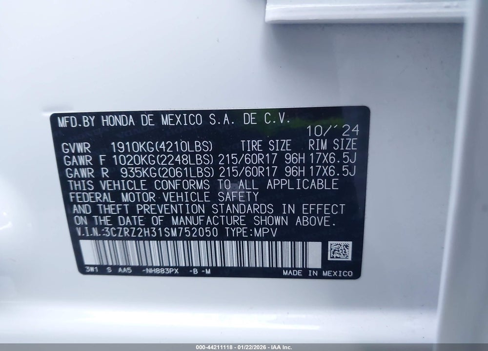 2025 HONDA HR-V AWD LX VIN: 3CZRZ2H31SM752050