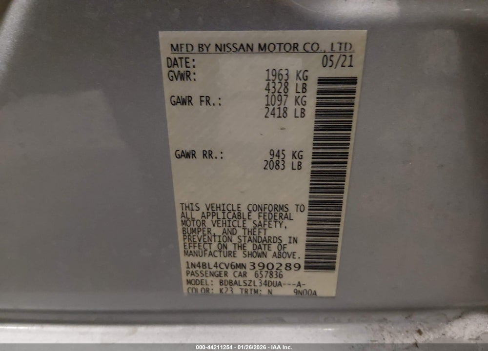 2021 NISSAN ALTIMA SR FWD VIN: 1N4BL4CV6MN390289