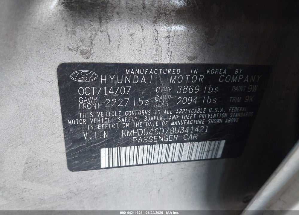 2008 HYUNDAI ELANTRA GLS/SE VIN: KMHDU46D78U341421