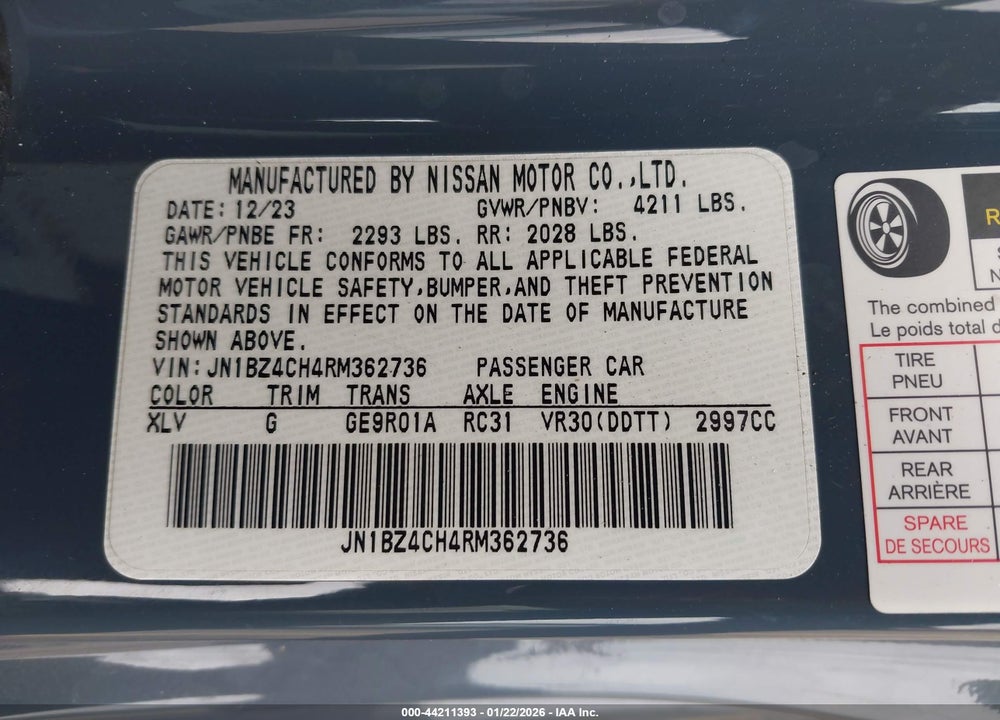2024 NISSAN Z NISMO AUTO VIN: JN1BZ4CH4RM362736