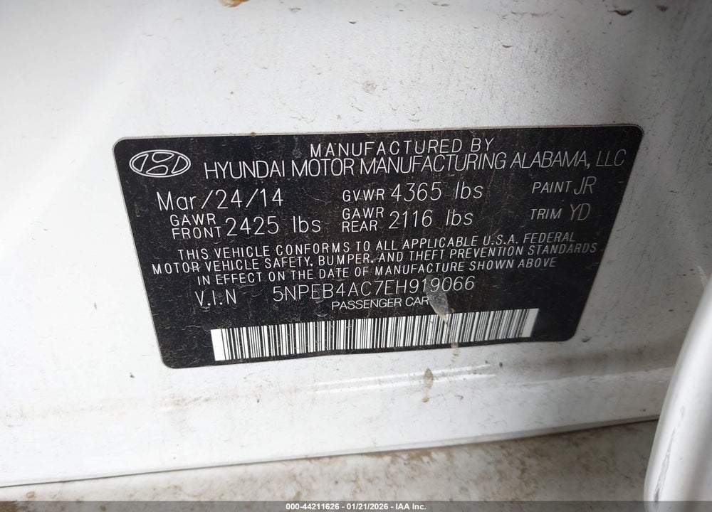 2014 HYUNDAI SONATA GLS VIN: 5NPEB4AC7EH919066