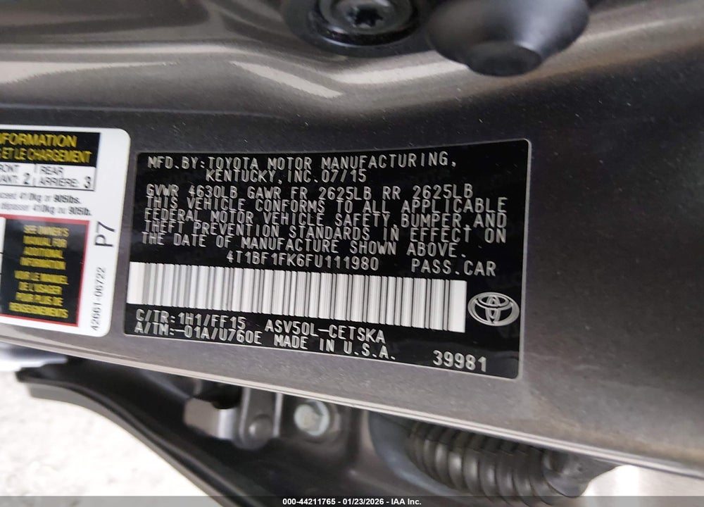 2015 TOYOTA CAMRY SE VIN: 4T1BF1FK6FU111980