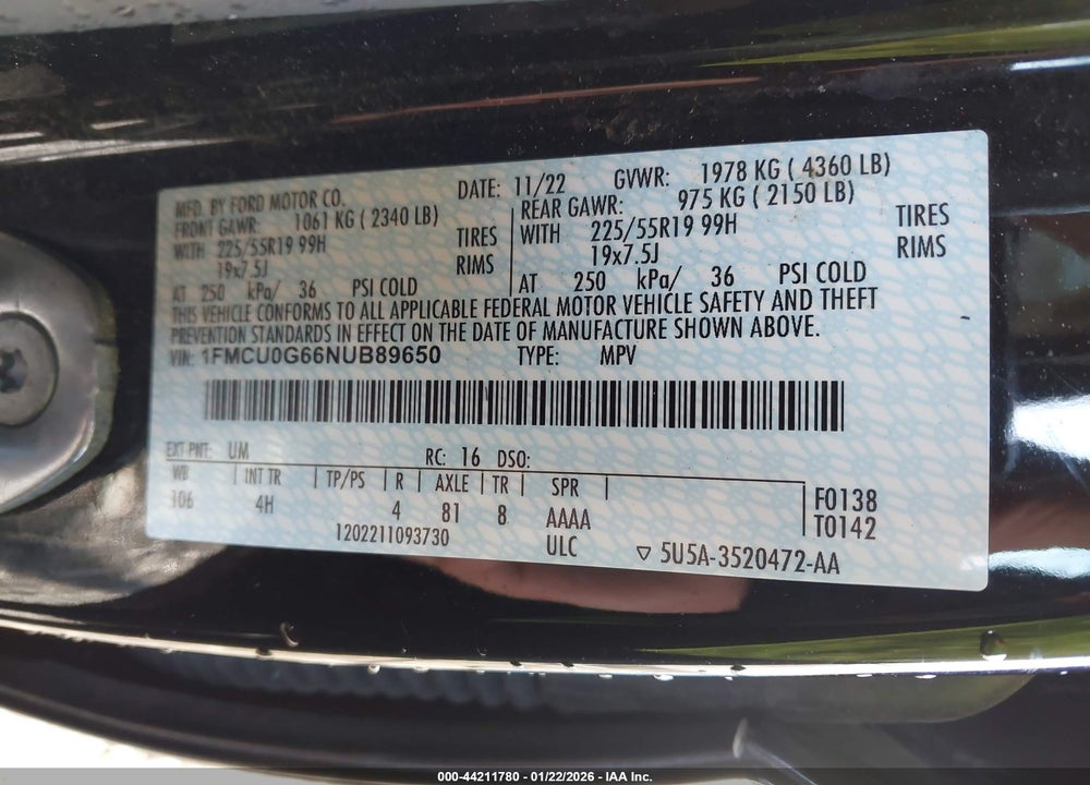 2022 FORD ESCAPE SE VIN: 1FMCU0G66NUB89650