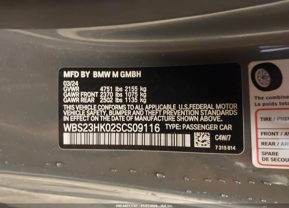 2025 BMW M4 COMPETITION VIN: WBS23HK02SCS09116