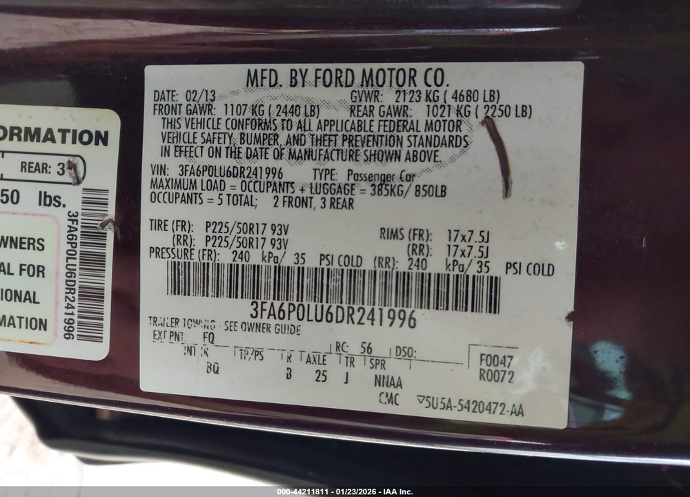 2013 FORD FUSION VIN: 3FA6P0LU6DR241996