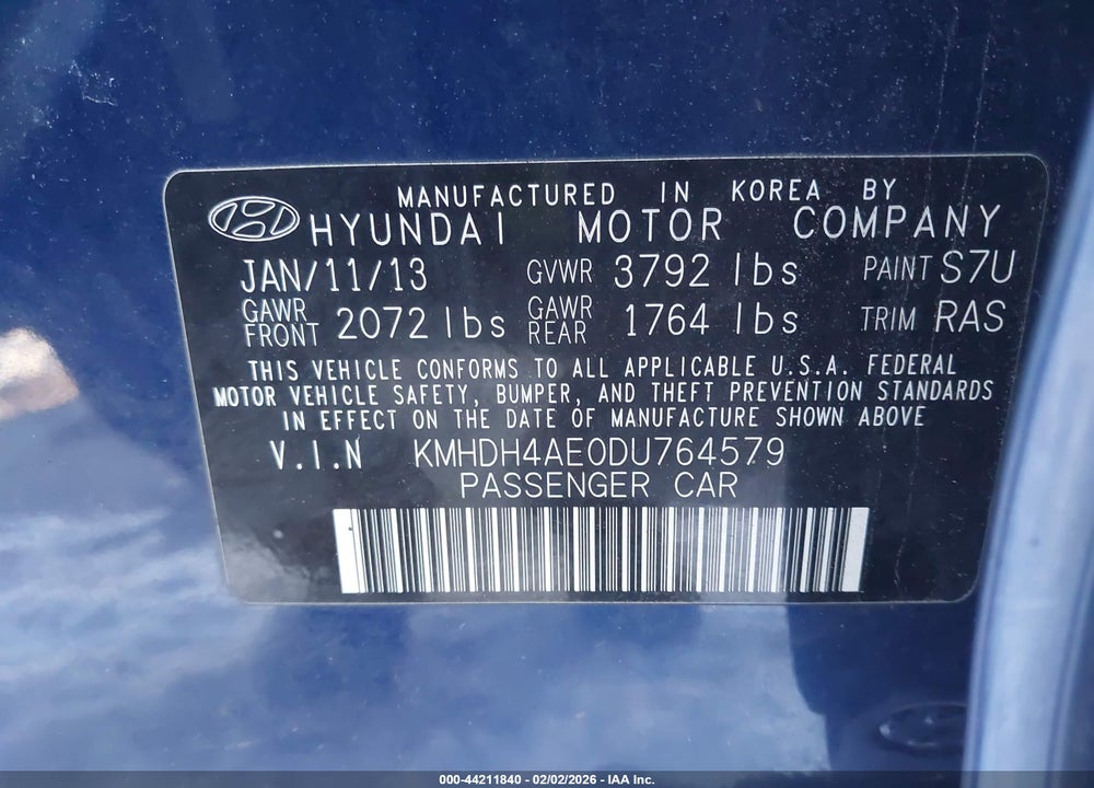 2013 HYUNDAI ELANTRA LIMITED VIN: KMHDH4AE0DU764579