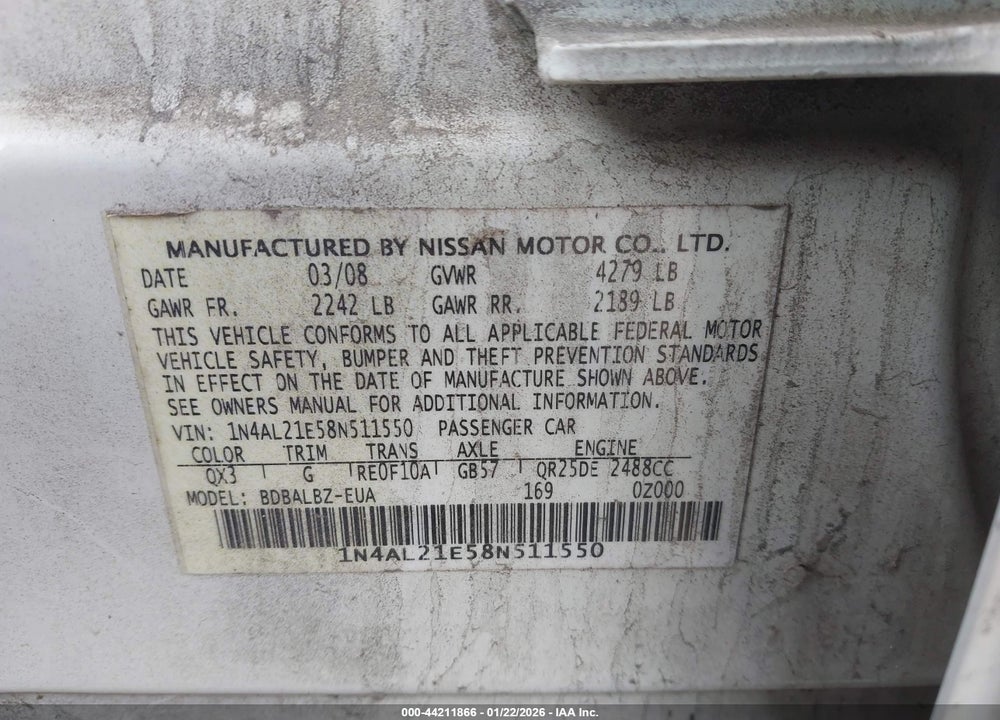 2008 NISSAN ALTIMA 2.5 S VIN: 1N4AL21E58N511550