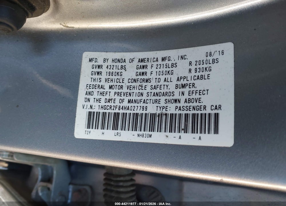 2017 HONDA ACCORD EX-L VIN: 1HGCR2F84HA027799