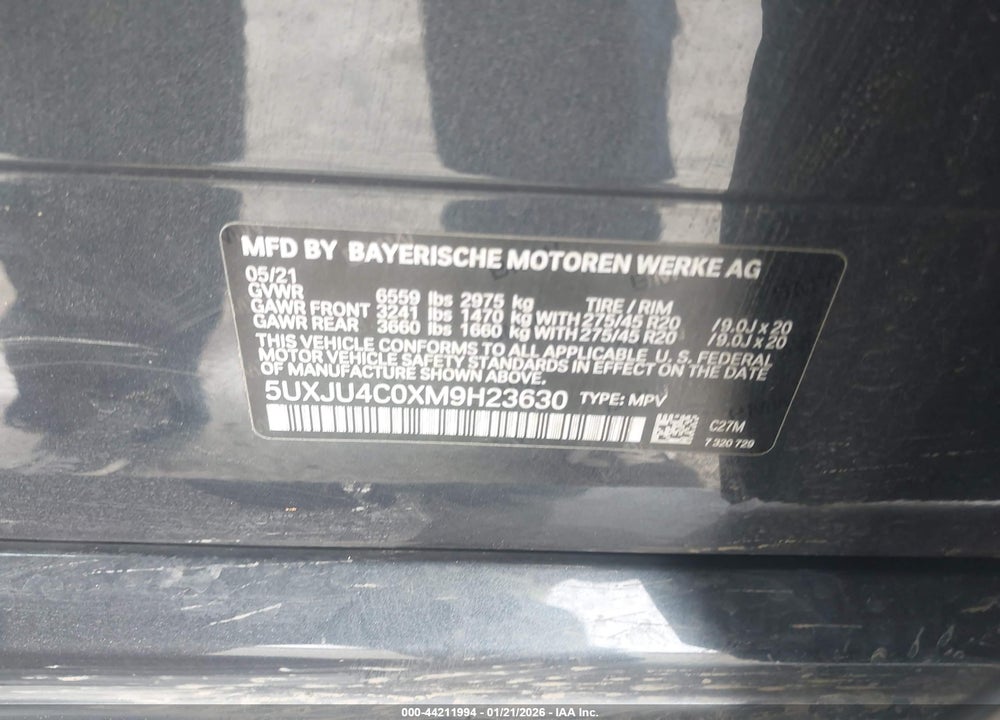 2021 BMW X5 M50I VIN: 5UXJU4C0XM9H23630