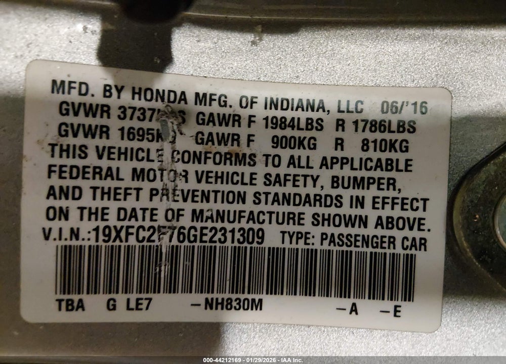 2016 HONDA CIVIC EX VIN: 19XFC2F76GE231309