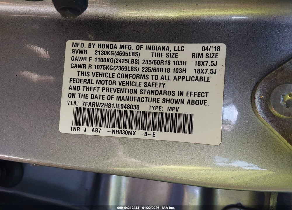 2018 HONDA CR-V EXL VIN: 7FARW2H81JE048030