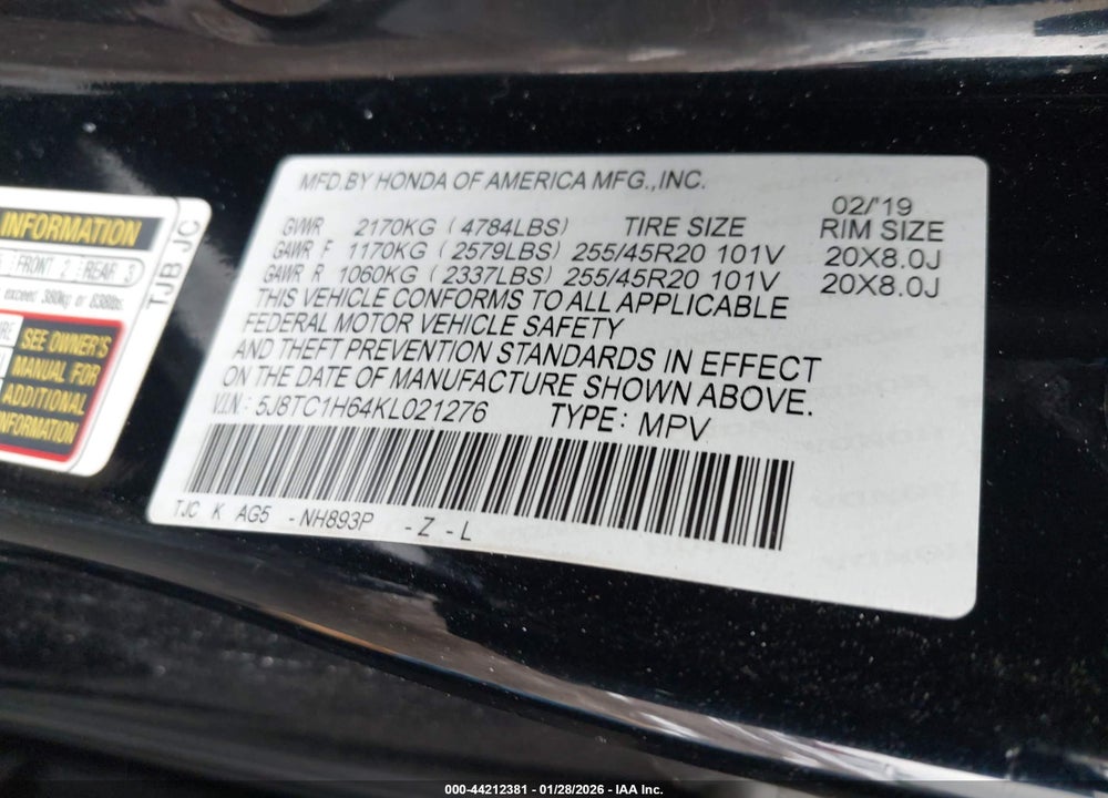 2019 ACURA RDX A-SPEC PACKAGE VIN: 5J8TC1H64KL021276