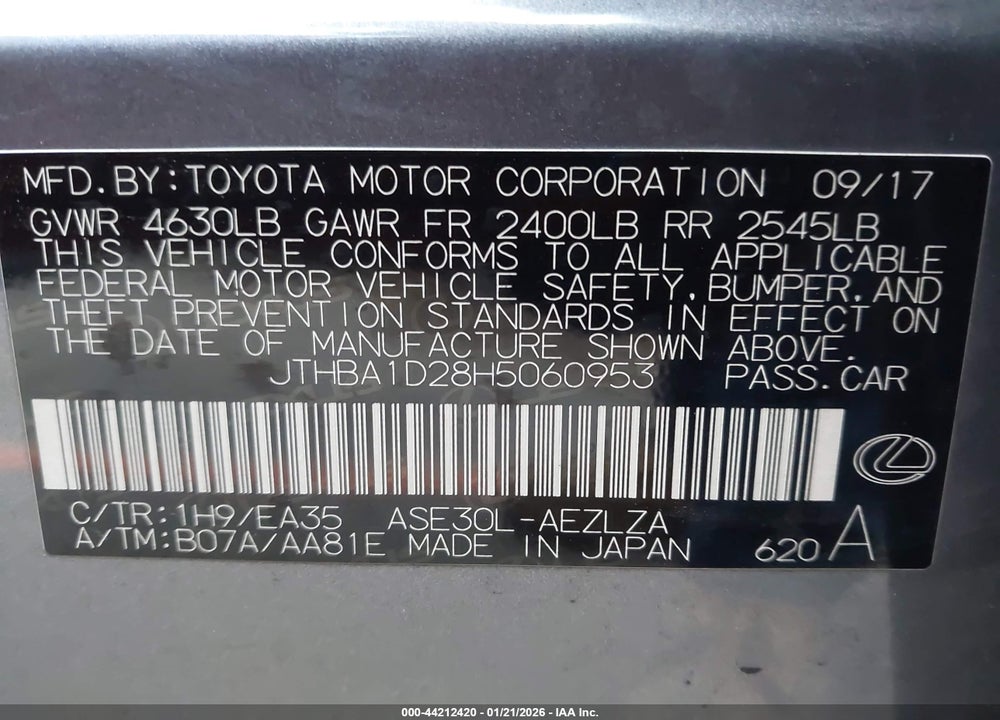 2017 LEXUS IS 200T VIN: JTHBA1D28H5060953