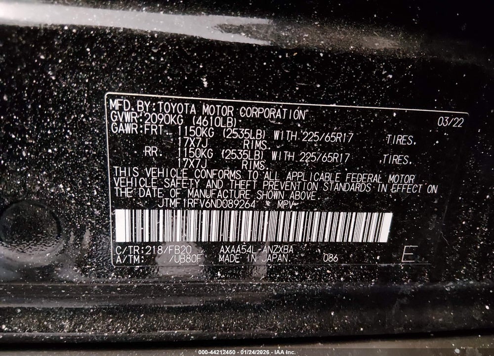 2022 TOYOTA RAV4 LE VIN: JTMF1RFV6ND089264