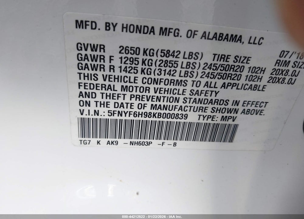 2019 HONDA PILOT TOURING VIN: 5FNYF6H98KB000839