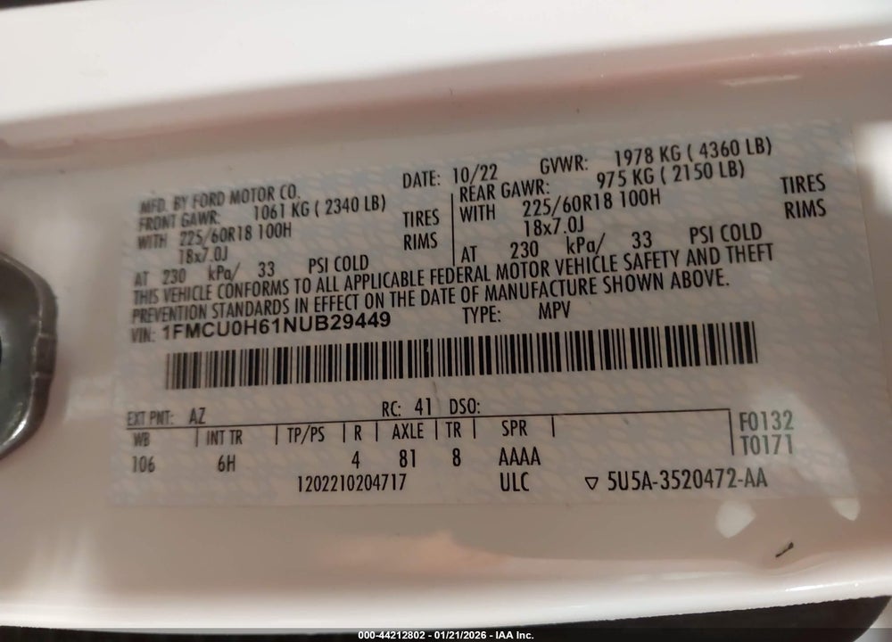 2022 FORD ESCAPE SEL VIN: 1FMCU0H61NUB29449