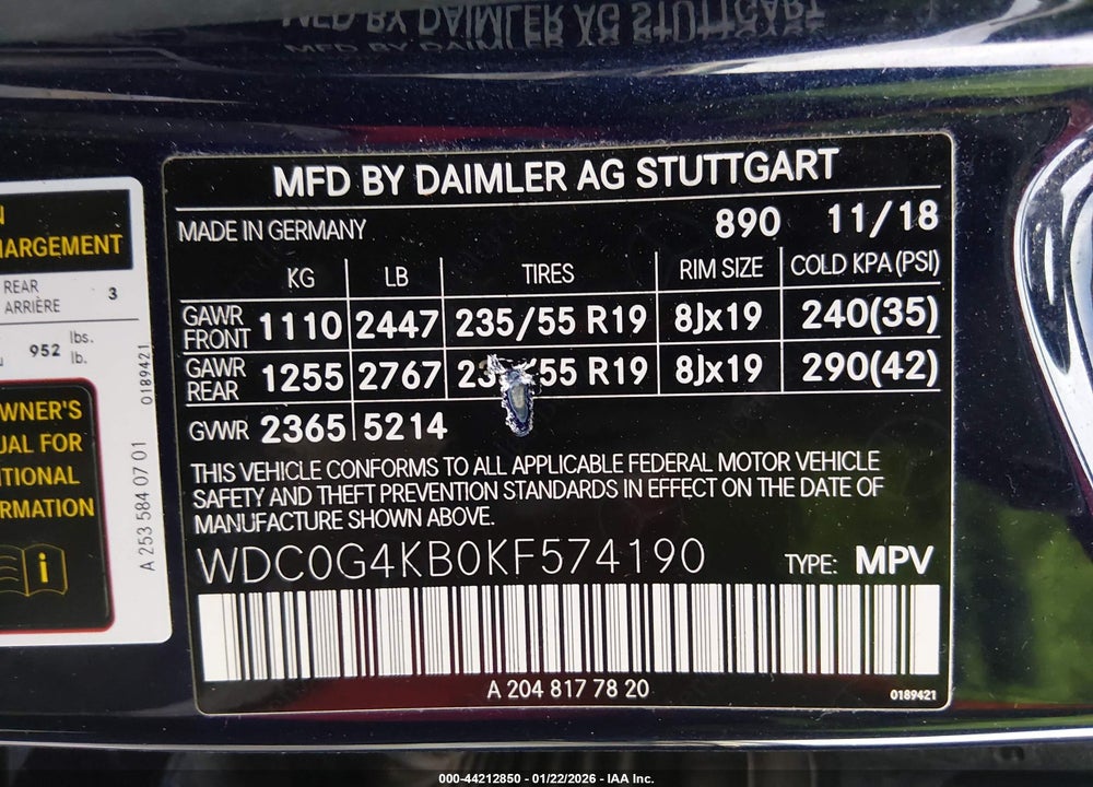 2019 MERCEDES-BENZ GLC 300 4MATIC VIN: WDC0G4KB0KF574190