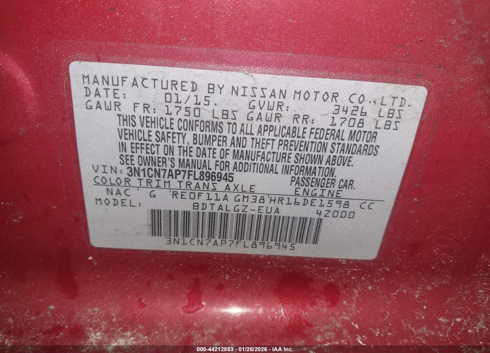 2015 NISSAN VERSA 1.6 SL VIN: 3N1CN7AP7FL896945