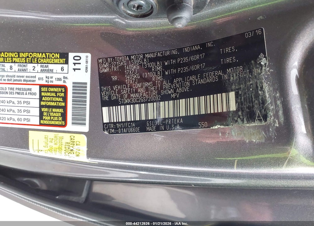 2016 TOYOTA SIENNA LE 8 PASSENGER VIN: 5TDKK3DC2GS720092