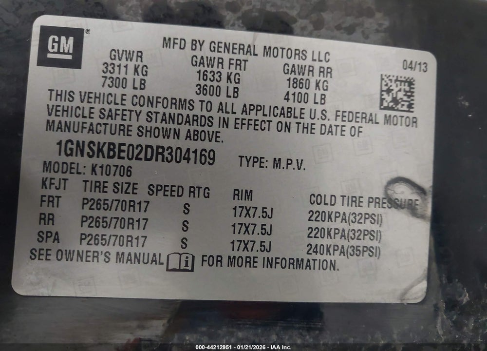 2013 CHEVROLET TAHOE LT VIN: 1GNSKBE02DR304169