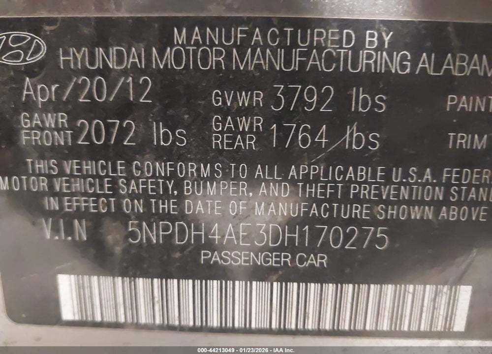 2013 HYUNDAI ELANTRA GLS/LIMITED VIN: 5NPDH4AE3DH170275