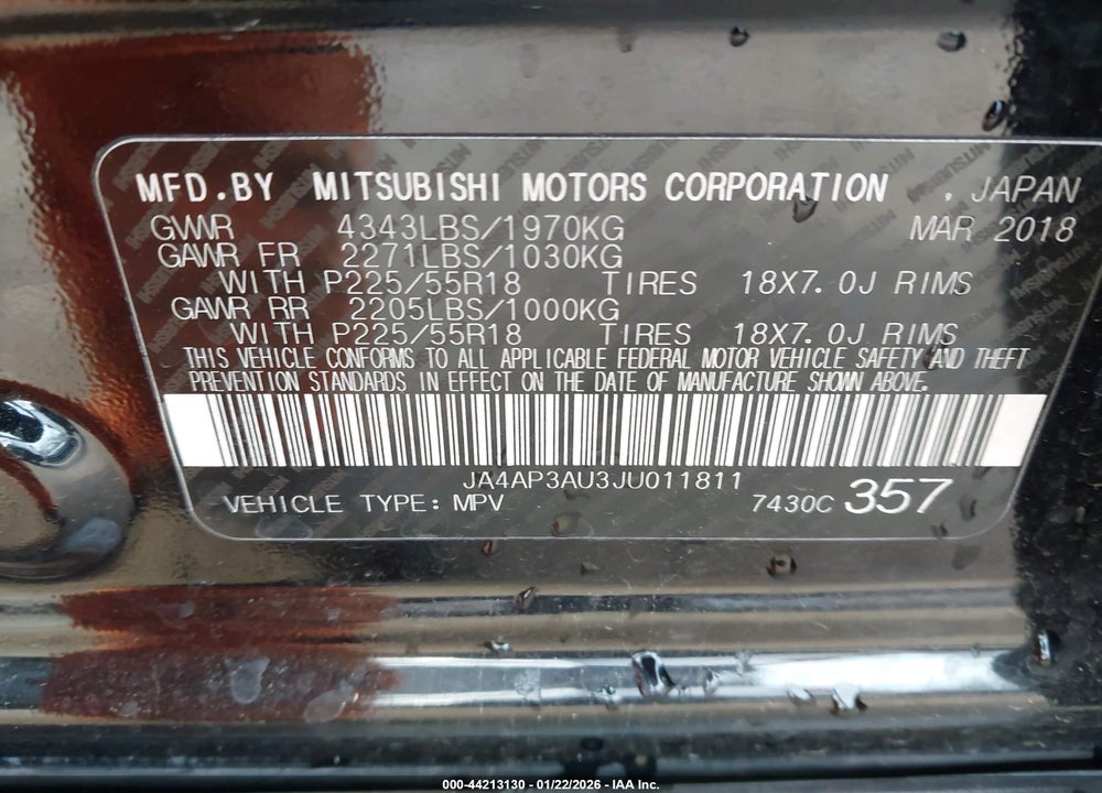 2018 MITSUBISHI OUTLANDER SPORT 2.0 ES VIN: JA4AP3AU3JU011811