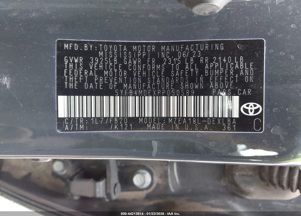 2023 TOYOTA COROLLA LE VIN: 5YFB4MDEXPP050589