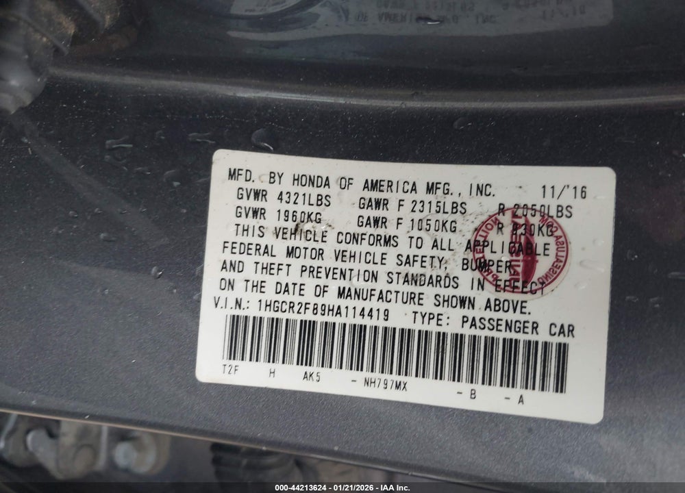 2017 HONDA ACCORD EX-L VIN: 1HGCR2F89HA114419