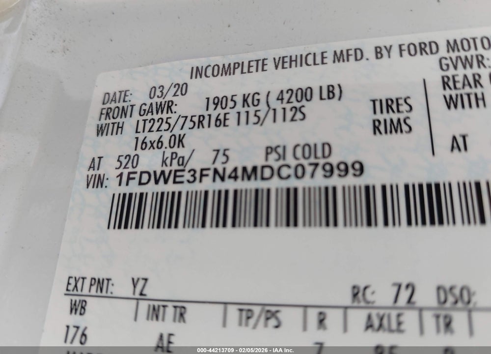 2021 FORD E-350 CUTAWAY VIN: 1FDWE3FN4MDC07999