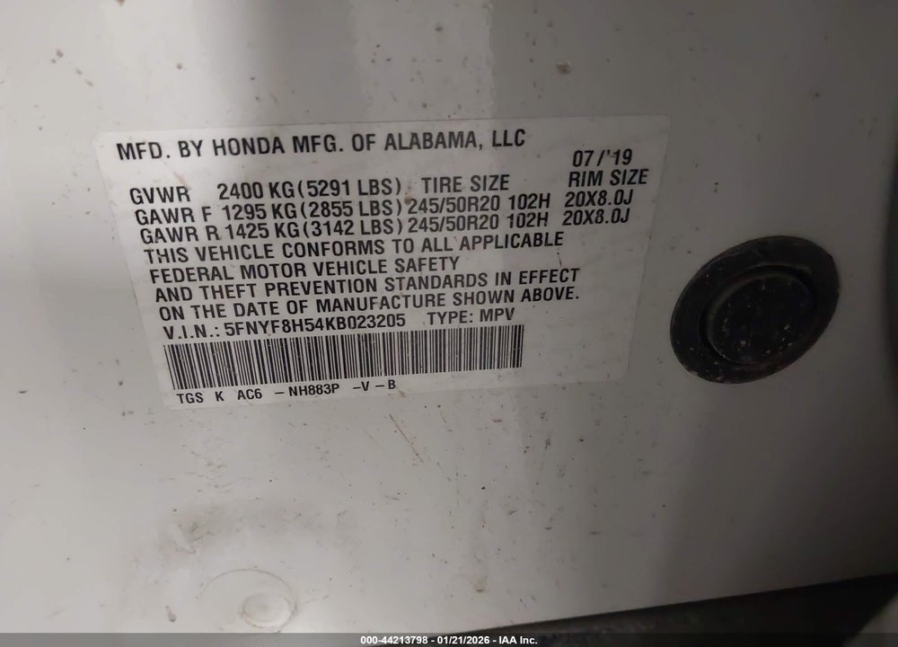 2019 HONDA PASSPORT EX-L VIN: 5FNYF8H54KB023205