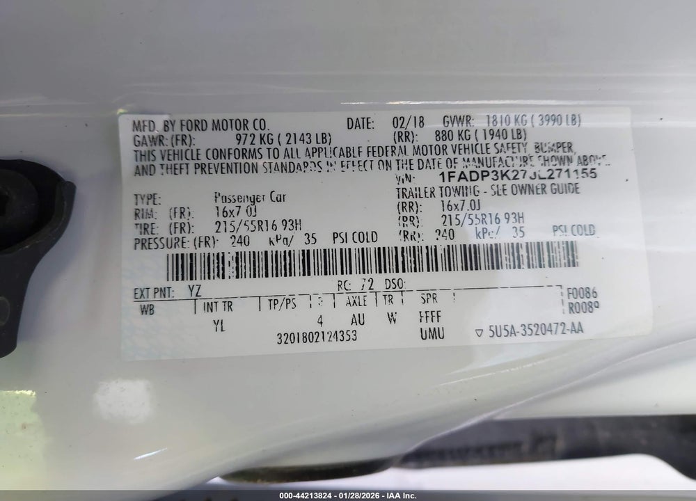 2018 FORD FOCUS SE VIN: 1FADP3K27JL271155