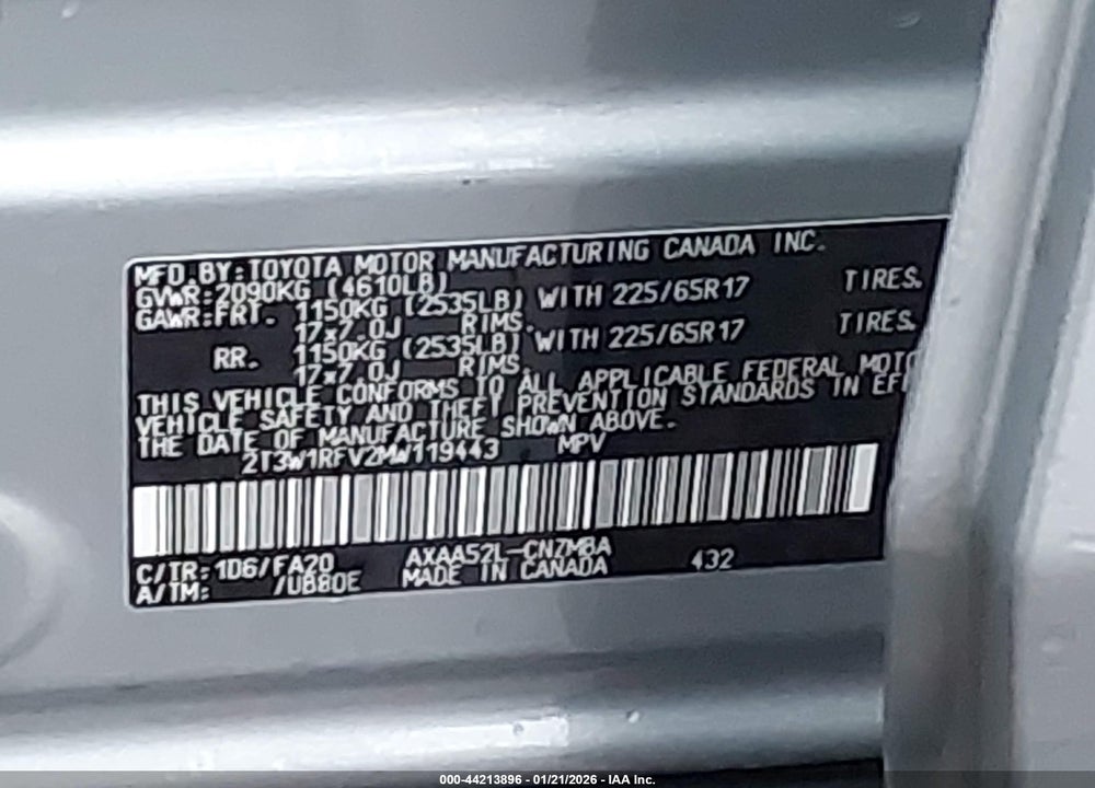 2021 TOYOTA RAV4 XLE VIN: 2T3W1RFV2MW119443