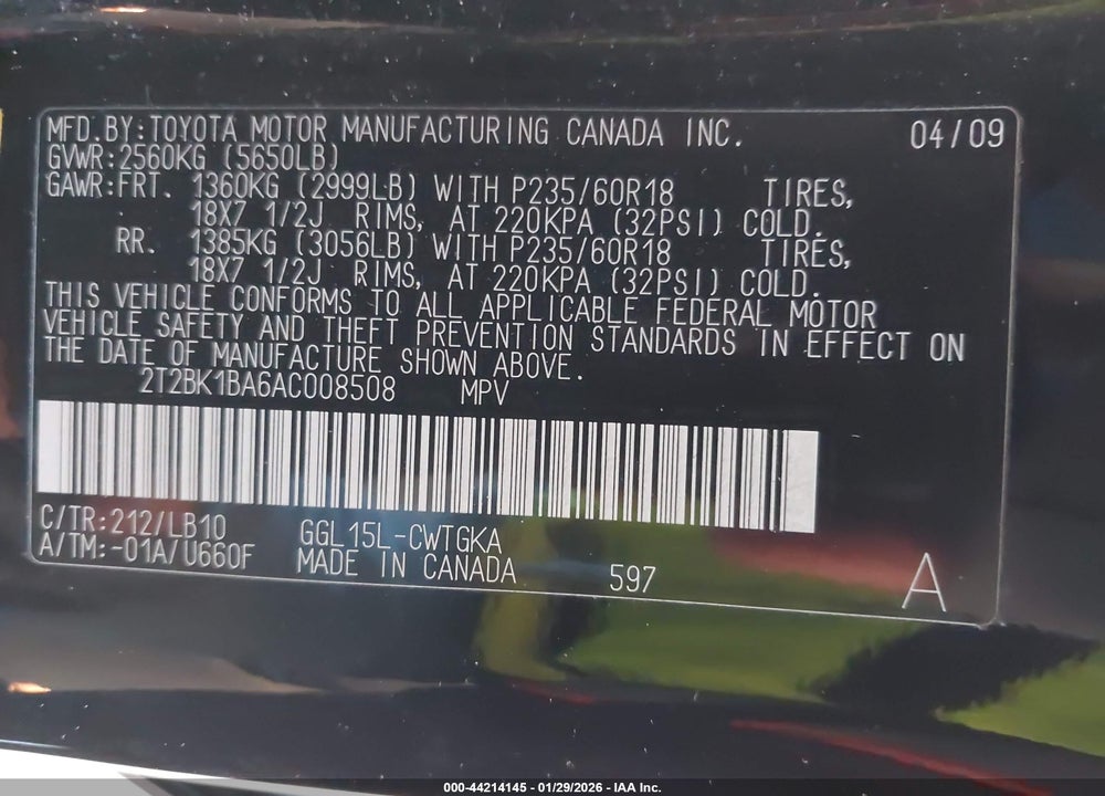 2010 LEXUS RX 350 VIN: 2T2BK1BA6AC008508