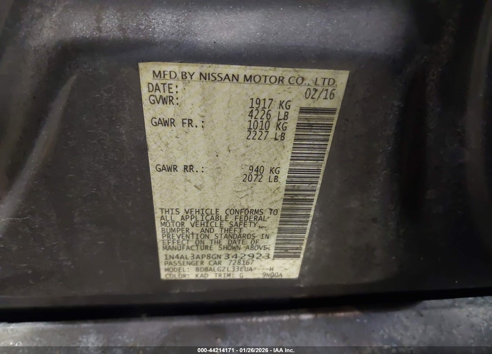 2016 NISSAN ALTIMA 2.5 S VIN: 1N4AL3AP8GN342923