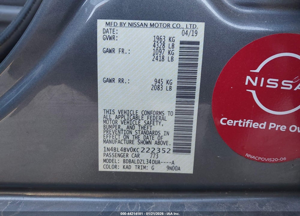 2019 NISSAN ALTIMA 2.5 S VIN: 1N4BL4BV0KC222352