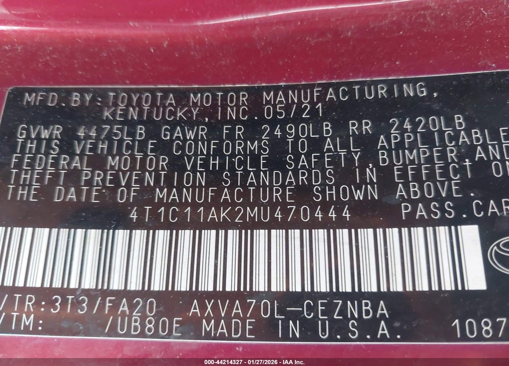 2021 TOYOTA CAMRY LE VIN: 4T1C11AK2MU470444