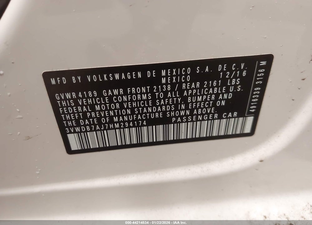 2017 VOLKSWAGEN JETTA 1.4T SE VIN: 3VWDB7AJ7HM294174