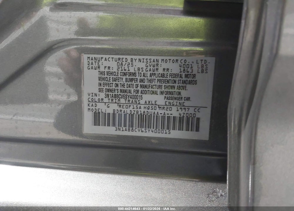 2025 NISSAN SENTRA SV VIN: 3N1AB8CV6SY400015
