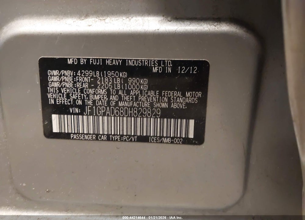 2013 SUBARU IMPREZA 2.0I PREMIUM VIN: JF1GPAD68DH829829