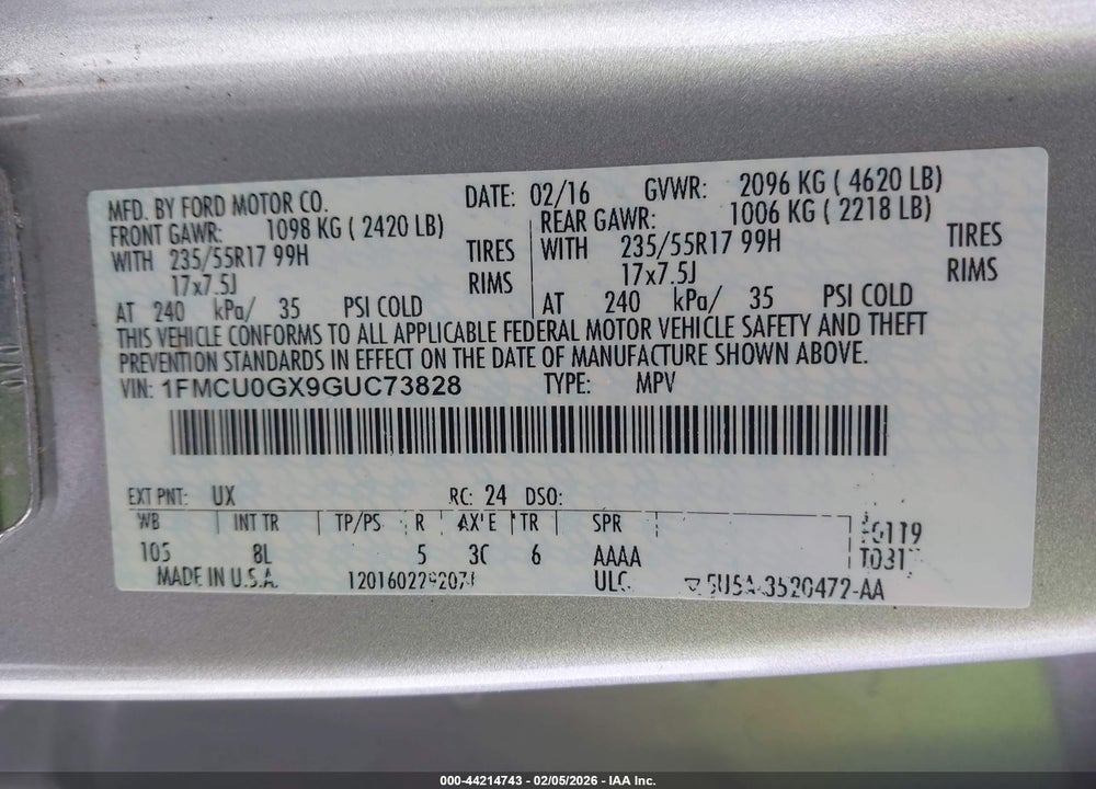 2016 FORD ESCAPE SE VIN: 1FMCU0GX9GUC73828