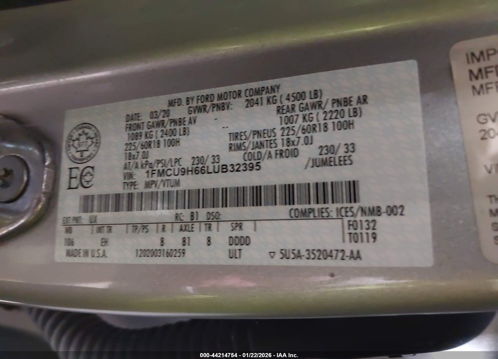 2020 FORD ESCAPE SEL VIN: 1FMCU9H66LUB32395